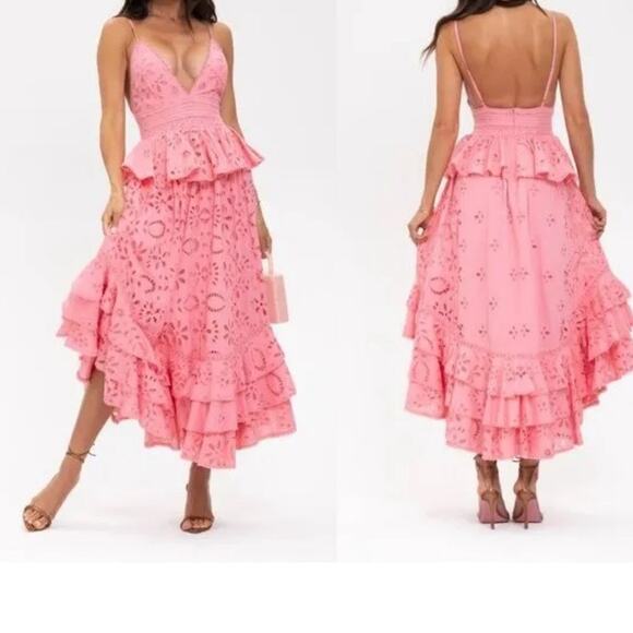 Rococo Sand Tiered Fit and Flare Pink Eyelet Maxi Dress Small - Picture 4 of 8